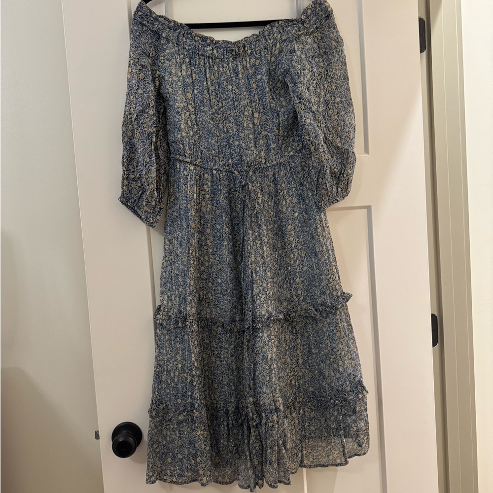 Anthropologie Blue and Cream Long Sleeve Dress